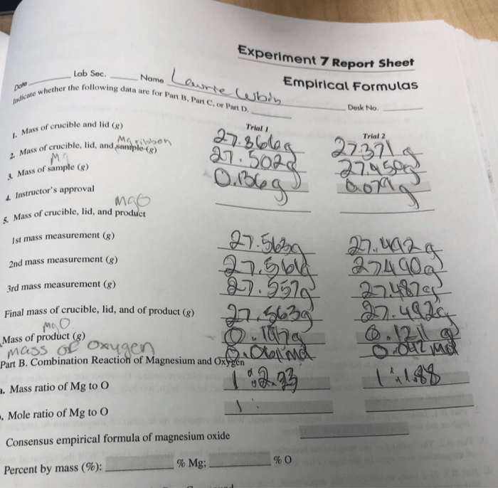 Experiment 7 report sheet empirical formulas